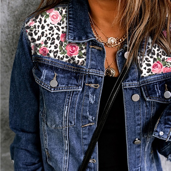 DISTRESSED MIXED PRINT DENIM JACKET - Picture 3 of 4